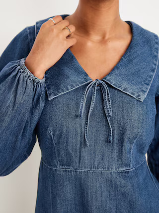 Long-Sleeve Fit & Flare Collared Jean Mini Dress | Old Navy (US)