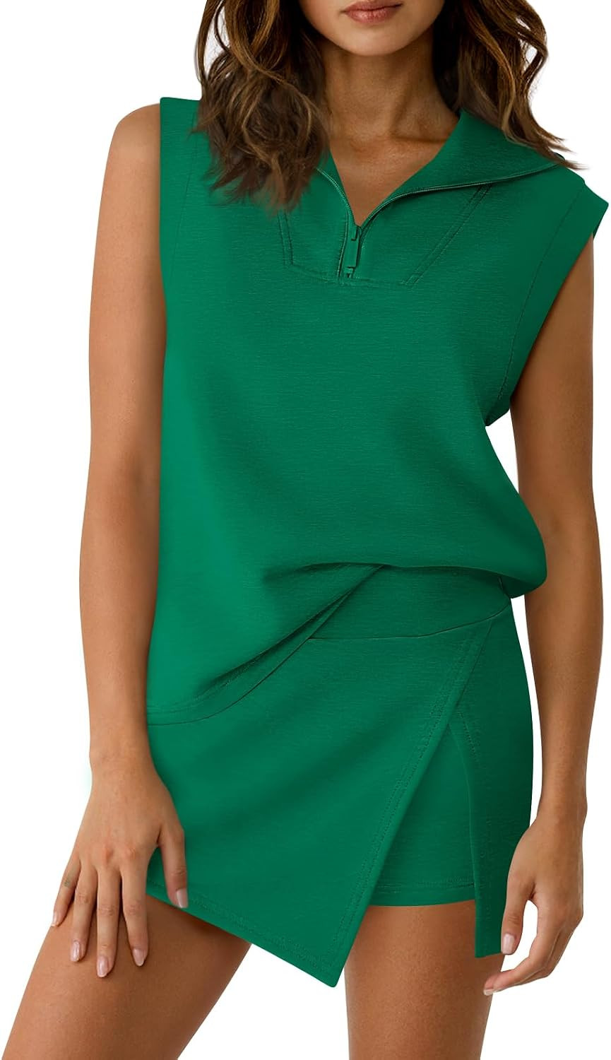 Fisoew Womens 2 Piece Skirt Sets Summer Sleeveless Half Zip Sweatshirt Athletic Skorts Tennis Outfits Casual Sweatsuits | Amazon (US)