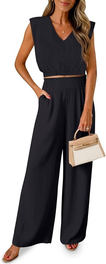 Fisoew Women's 2 Piece Outfits Summer Linen Lounge Sets Sleeveless v Neck Crop Top Wide Leg Pants... | Amazon (US)