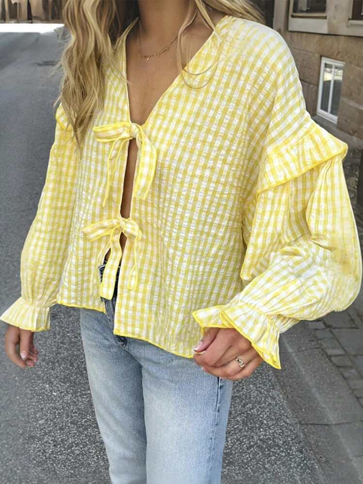 INAWLY Women's Bright Yellow Bubble Plaid Cute Loose Long Sleeve Fungus Lace Shirt | SHEIN