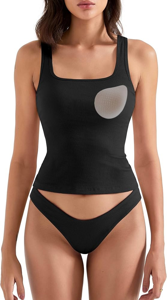 SUUKSESS Women Cotton Rib Squre Neck Tops Sleeveless Summer Padded Basic Tank Top | Amazon (US)