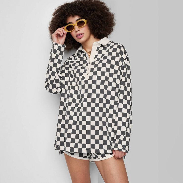 Women's Ascot + Hart Long Sleeve Graphic Polo T-Shirt - Black Checkered | Target