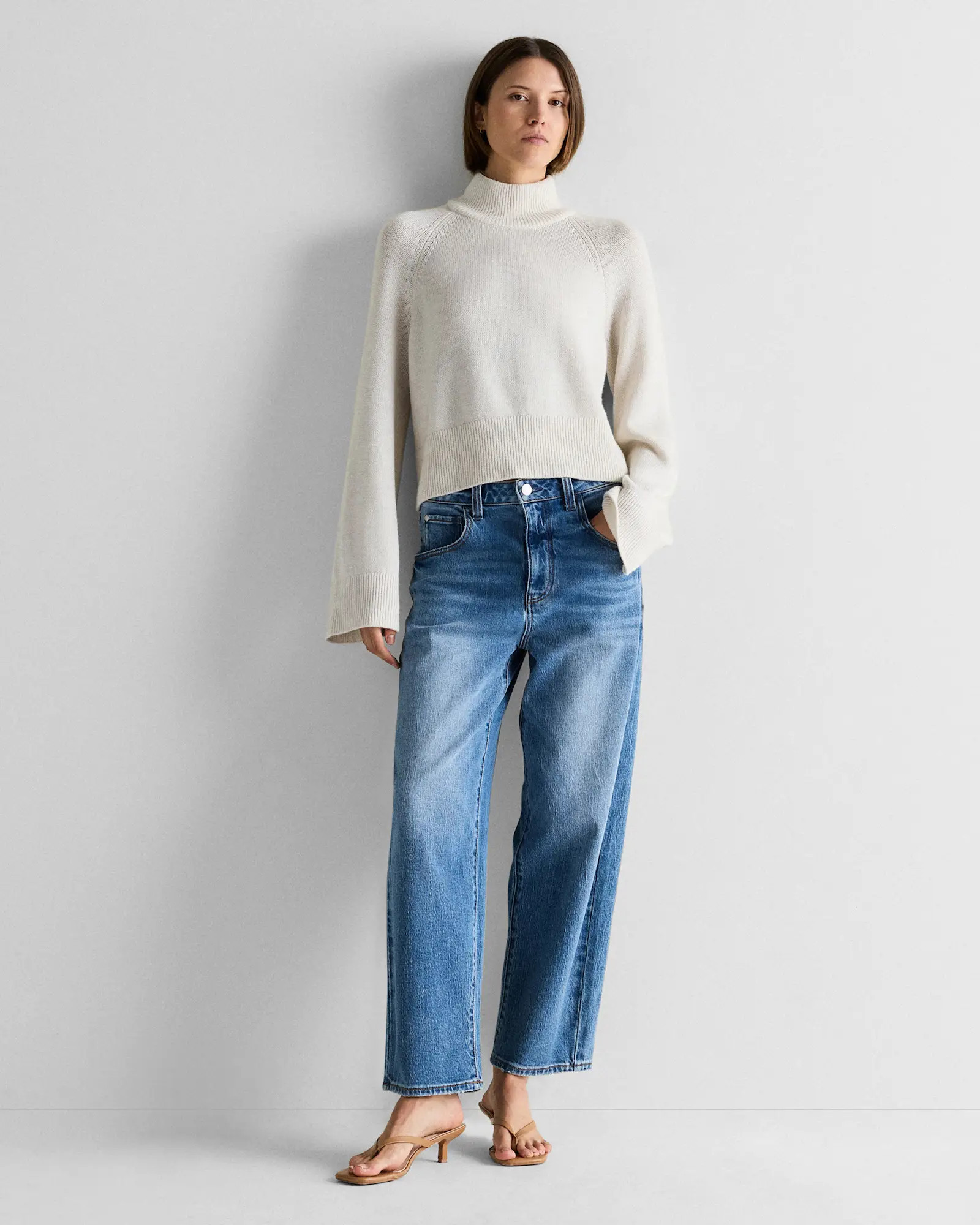 Australian Merino Wool Cropped Mock Neck Sweater in Heather Bone | Quince