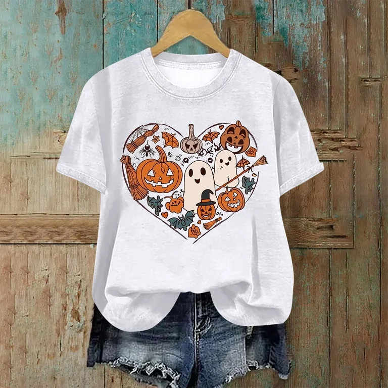 Jsaierl Halloween Shirts Women Plus Size Pumpkin Ghost Print Tees Stretch Round Neck T-shirt Shor... | Walmart (US)