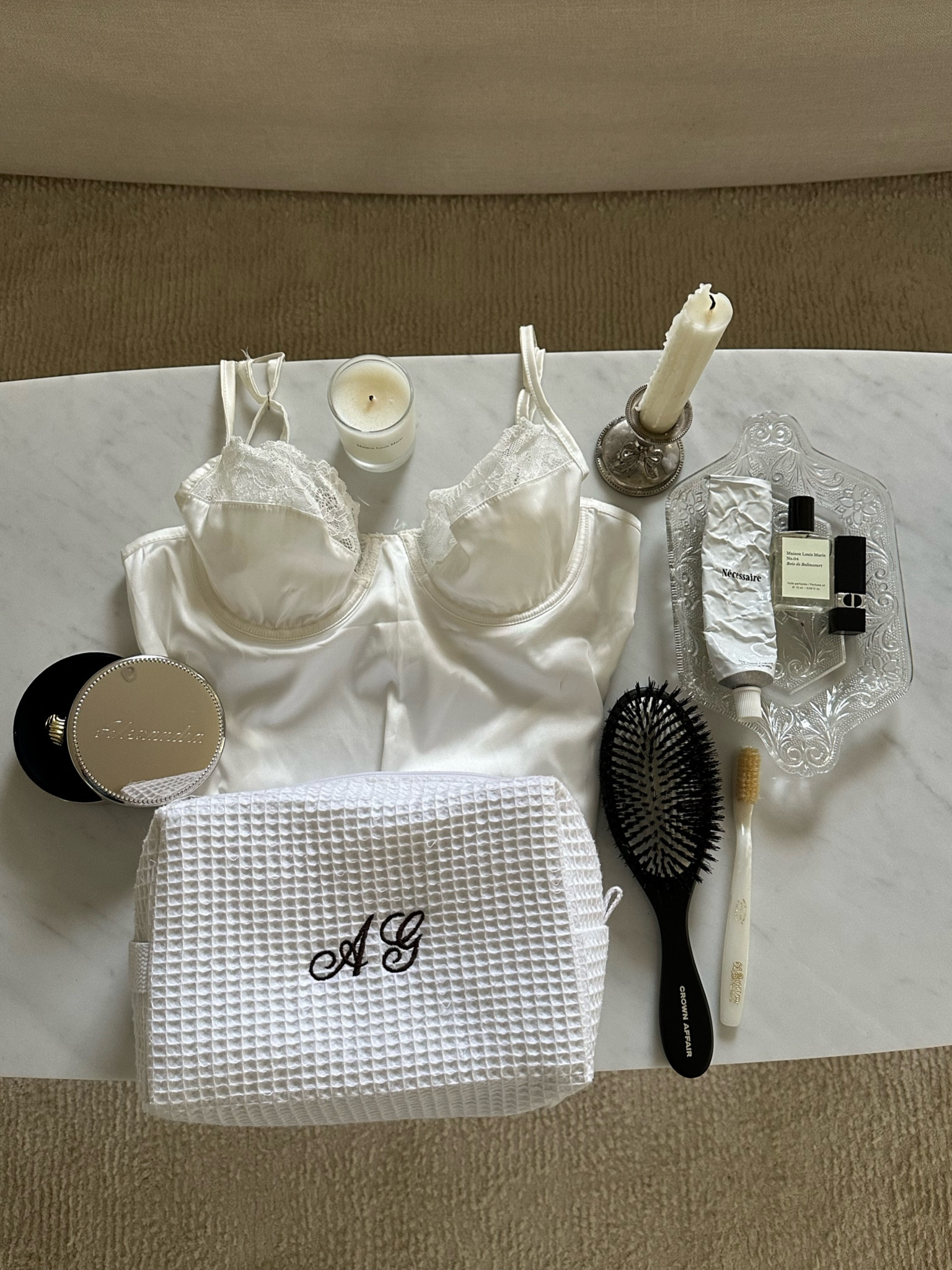 For the homebody, self care girl. White slip dress, monogrammed makeup bag, monogrammed jewelry box, crown affair brush.

#LTKU #LTKPetite #LTKBeauty