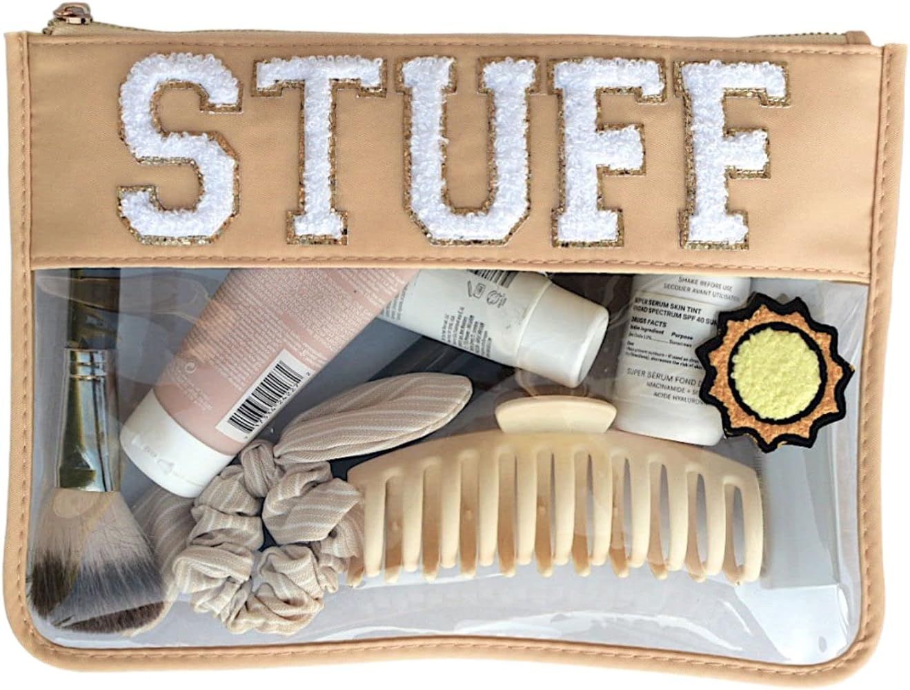 Clear Zipper chenille letter pouch cosmetic travel bag (STUFF, Peach, beige, white) | Amazon (US)