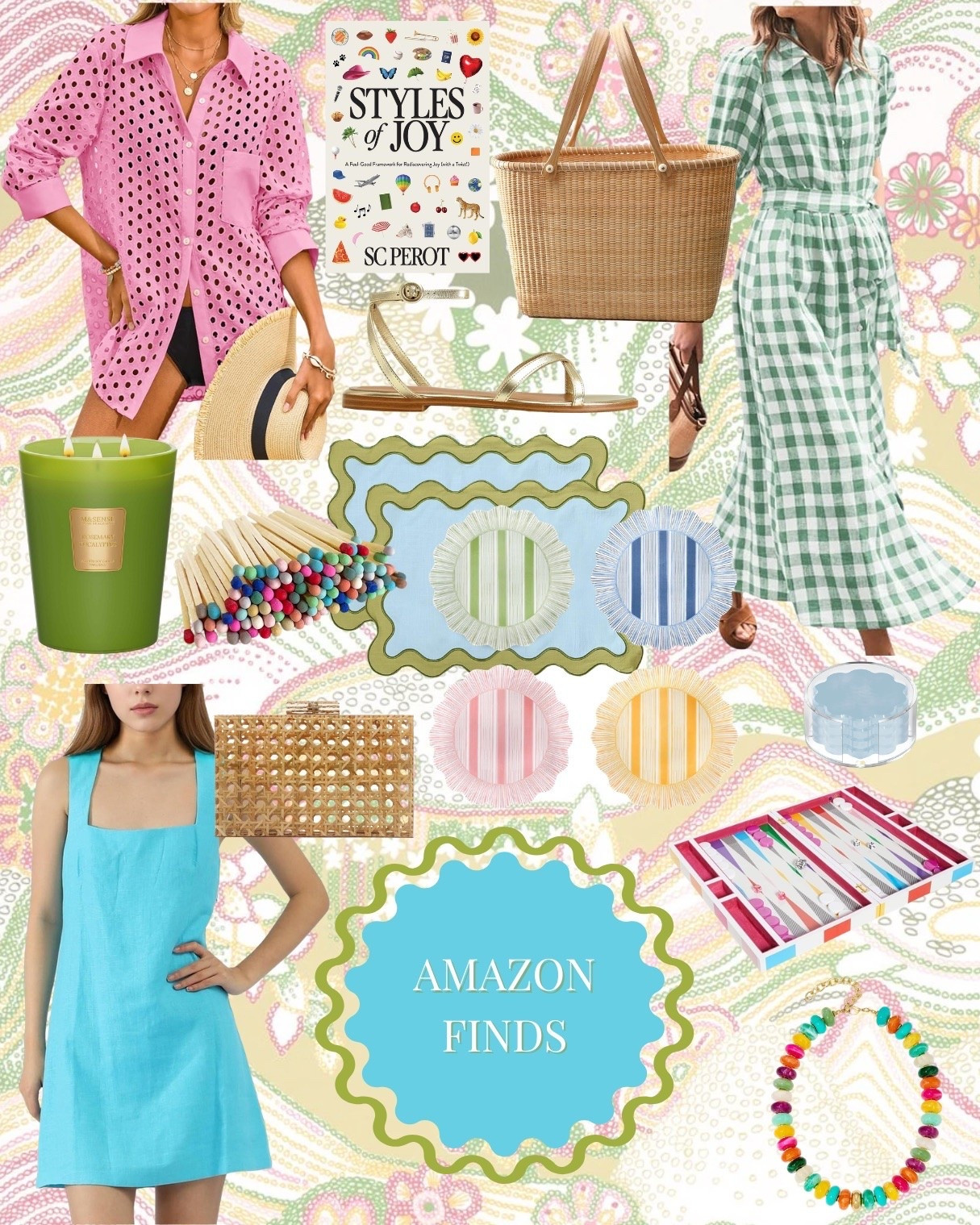 Ready for summer colors, textures, and vacations! I’ve been saving Amazon finds left and right, so I figured it was time for a new roundup of finds and favorites 💕🐠☀️

Affordable Amazon finds, cane clutch, Nantucket basket, summer tablescape, entertaining, summer dress, coverup, home decor