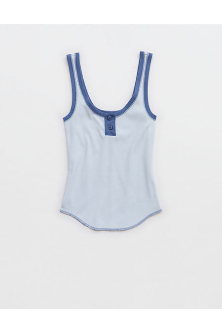 Aerie Ribbed Henley Tank Top Women's Misty Sky L | Aerie