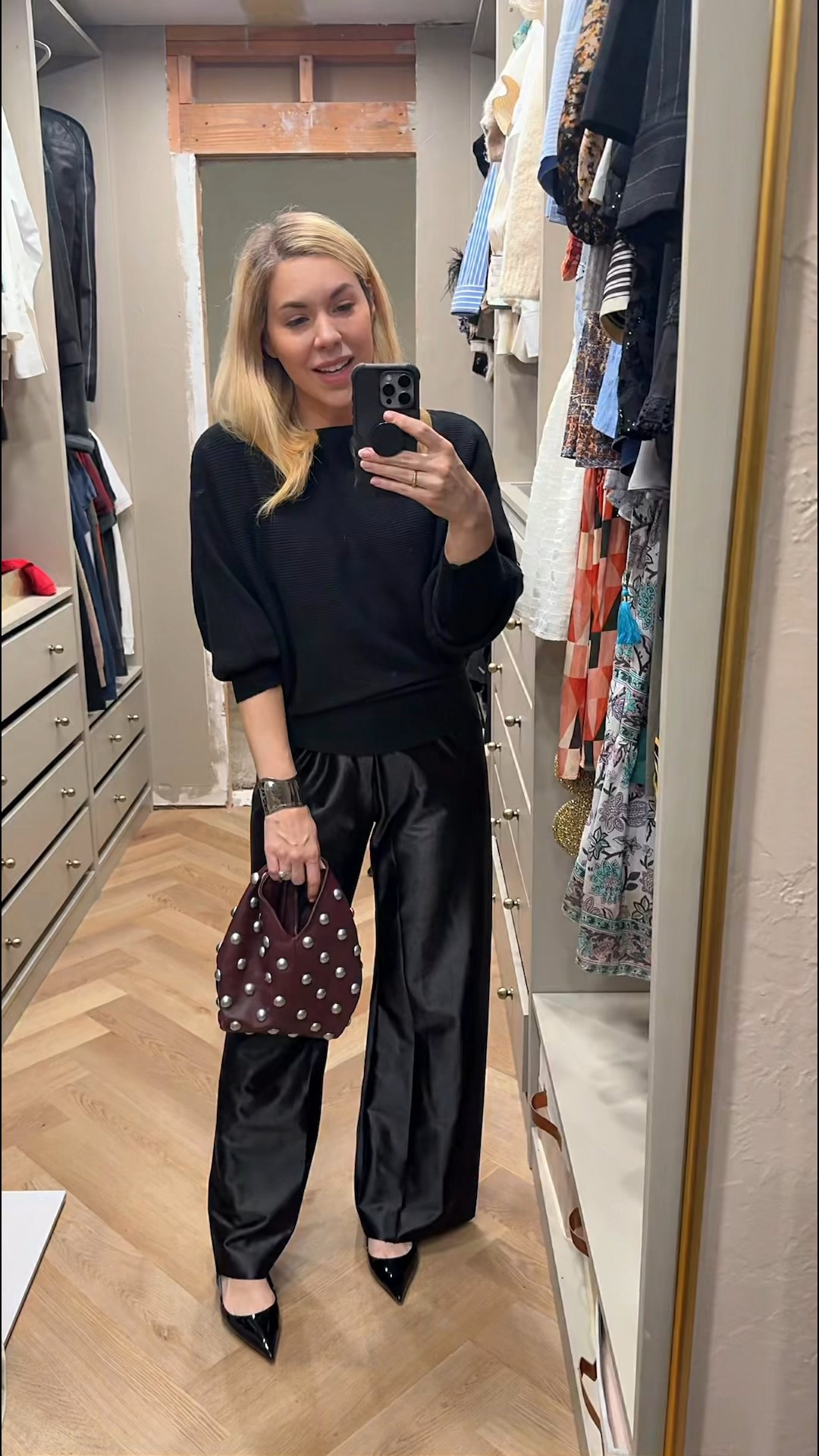 Party outfit 
ALC bag
Studded bag
Satin pants 

#LTKHoliday #LTKFindsUnder50 #LTKgrwm