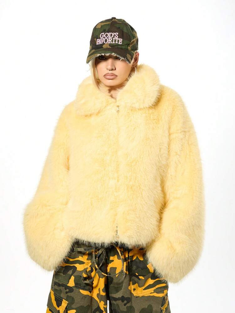 SUMWON WOMEN Oversized Luxurious Winter Faux Fur Cropped Jacket Yellow Plush Zip Through Coat Soft Fluffy Outerwear Warm Cozy High Neck Statement Fashion Piece | SHEIN