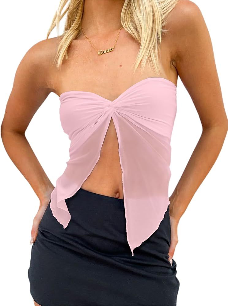 Women's Sheer Mesh Twist Split Front Asymmetrical Tube Top Strapless Bandeau Crop Top Backless Sh... | Amazon (US)
