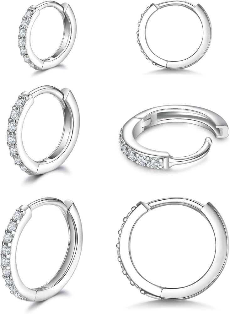 925 Sterling Silver Post Small Hoop Earrings Cubic Zirconia Huggie Hoop Earrings,3 Pairs 14K White G | Amazon (US)