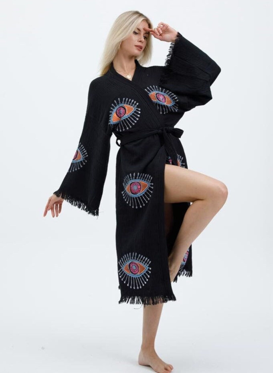 Handmade Evil Eye Festival Black Kimono, Organic Cotton Boho Beachwear, Turkish Evil Eye Robe, Bl... | Etsy (US)