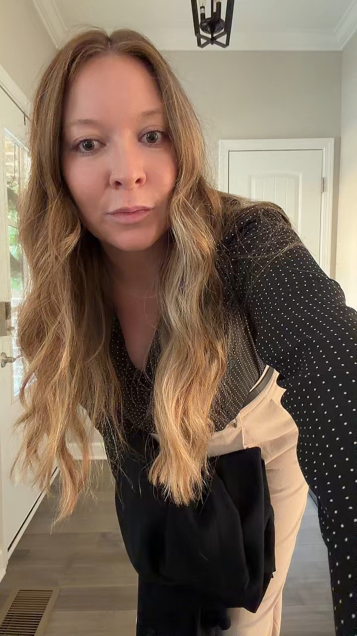 Black oversized blazer / tts wearing an 8
Polka dot shirt / tts wearing a medium 
Light tan work pants / sized up to a 10
Black designer inspired belt 
Black pumps 
David Yurman mixed metal ring and bracelet 
Evil eye necklace

#LTKootd #LTKdayinmylife #LTKWorkwear