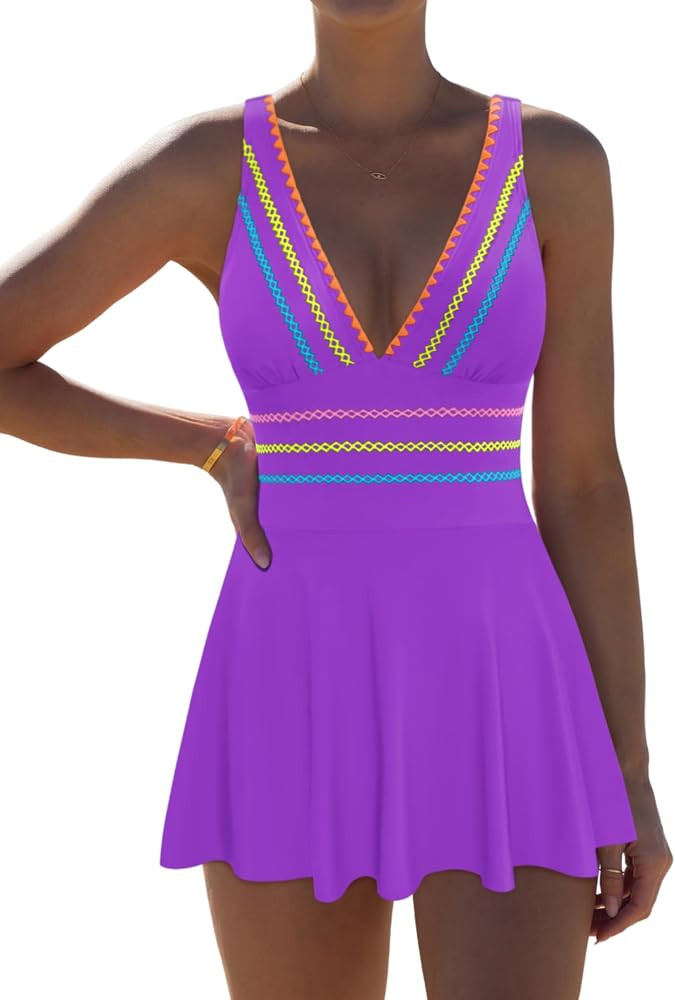 popvil Women's One Piece Swimsuit Swimdress Tummy Control Bathing Suit Adjustable Shell Trim Deep... | Amazon (US)