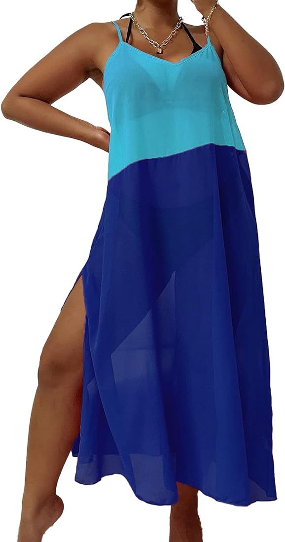 Verdusa Women's Plus Size Color Block V Neck Sheer Swimsuit Bikini Cover Up Dress | Amazon (US)