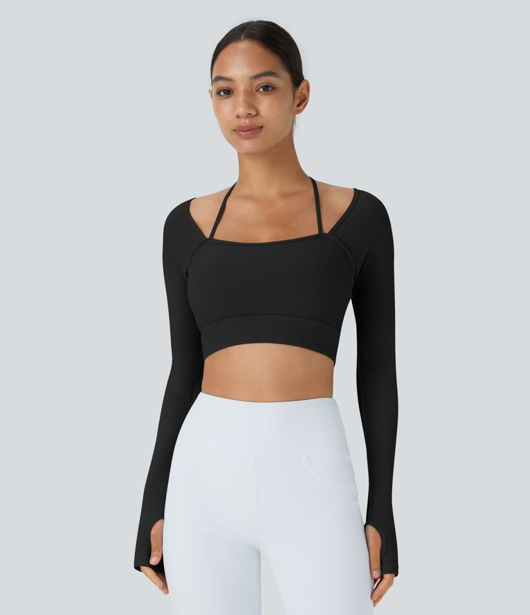 Women’s Ribbed Halter Strap Thumb Hole Cropped Yoga Sports Top - Halara | HALARA