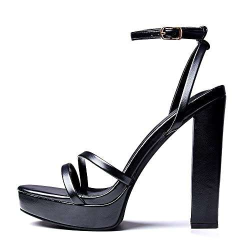 GENSHUO Women's Platform Chunky High Heels Square Toe Ankle Strap Heel Sandals Strappy Wedding Party Dress shoes Black Size 9.5 | Amazon (US)