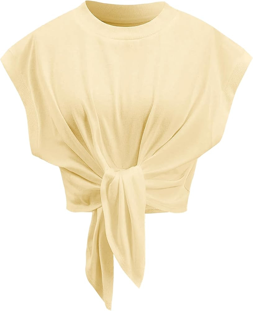 Tank Top for Women Crew Neck Cap Sleeve Tie Front Pullover Ruched T-Shirt Tops Summer Beach Crop ... | Amazon (US)