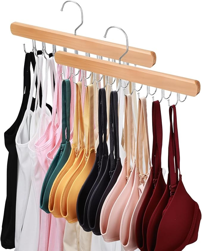 2 Pack Bra Hanger for Closet Organizer, Premium Wooden Tank Top Hangers with 36 Foldable Hooks, 3... | Amazon (US)