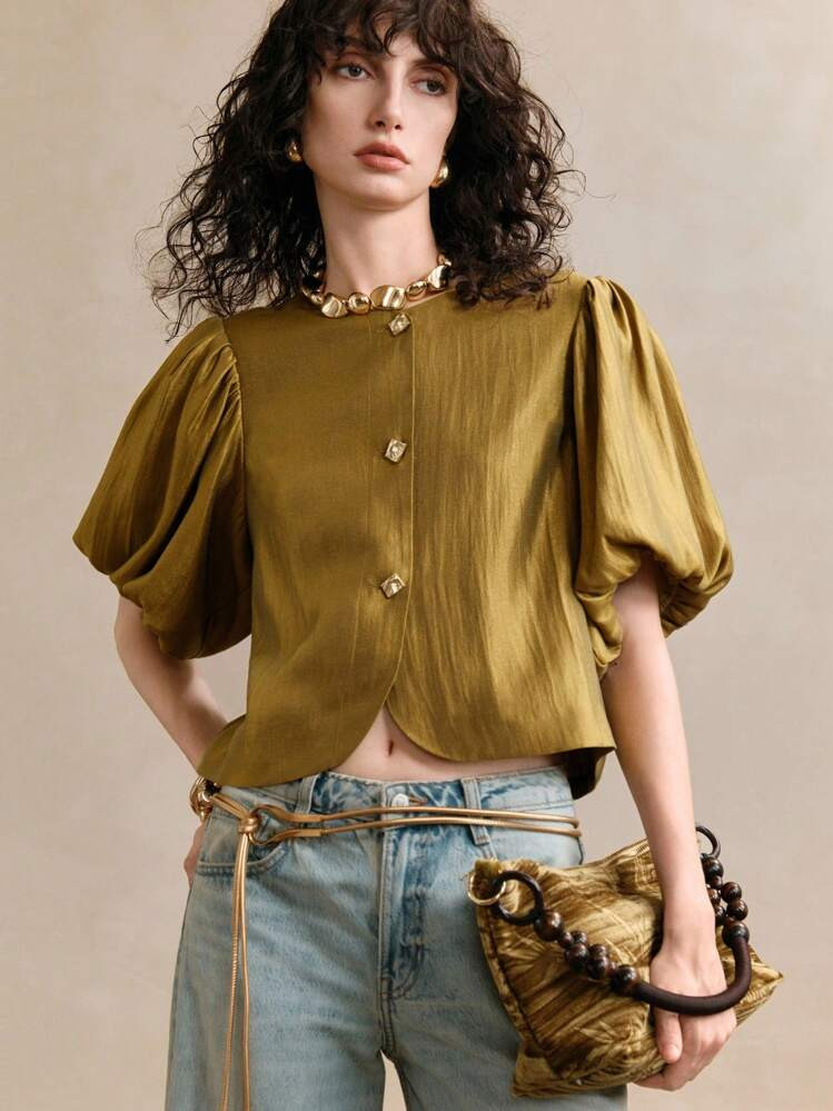 Arave Women's Satin Shiny Fabric Bubble-Sleeve Puff Sleeve Round Neck Golden Metal Button Decor Blouse With Exquisite Design Details, Short-Sleeve Top, Outfits For Women,Going Out Tops,Cute Tops, Tops Women,Work Outfits For Women,Elegant Tops For Women,Babydoll Top, Puff Sleeve Top,  Puff Sleeve Blouse Fall Women Clothes Fall Outfits Women Fall Autumn Clothes | SHEIN