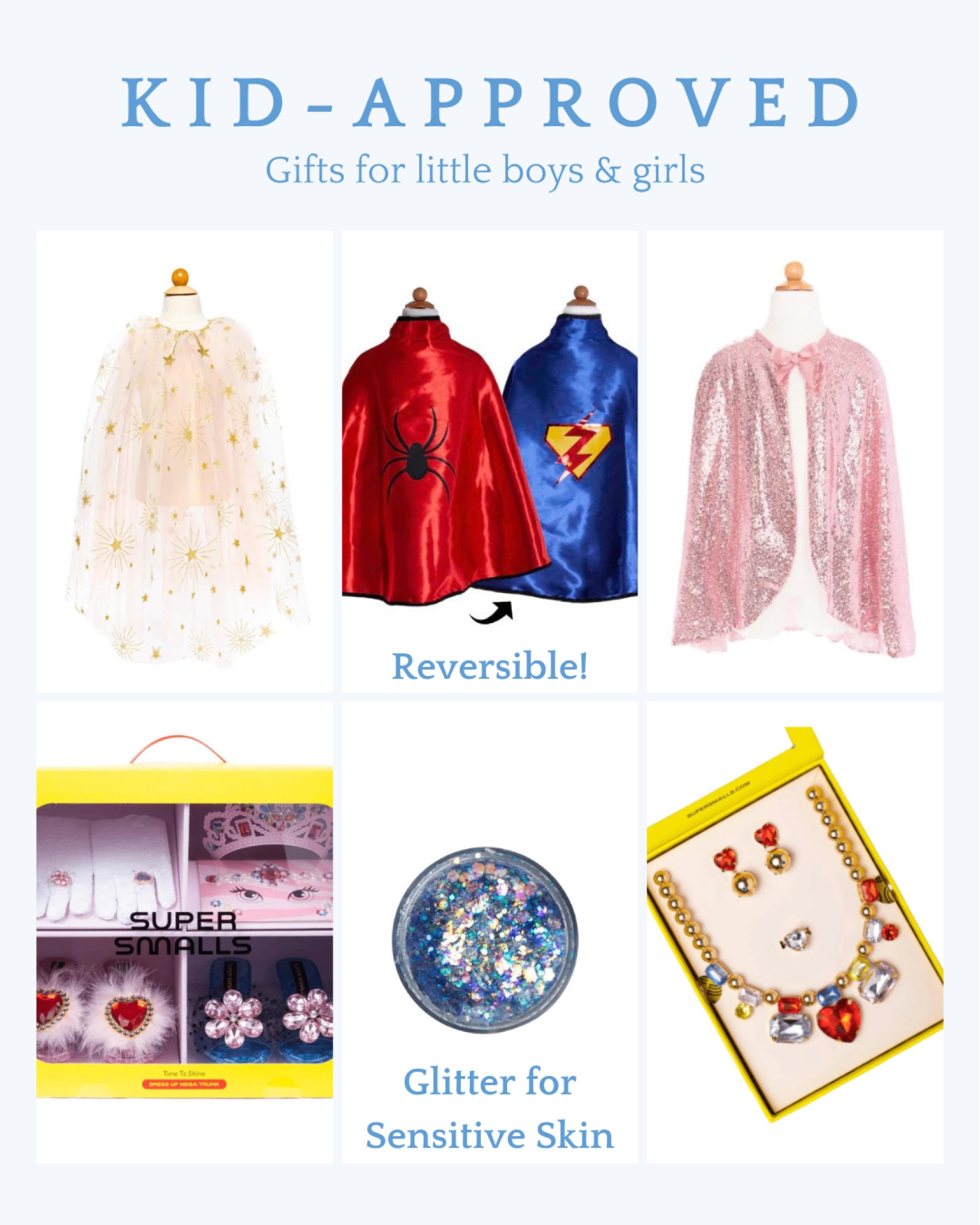 Kid-approved gifts for little boys and girls. For the kid who loves to play dress up, these are some of our favorites! Tulle and sequin capes and a reversible superhero cape, along with dress up shoes, makeup, and jewelry! 

Gift guide for girls, holiday gifts for little girls, girls gift ideas for Christmas 

#LTKfindsunder50 #LTKGiftGuide #LTKkids