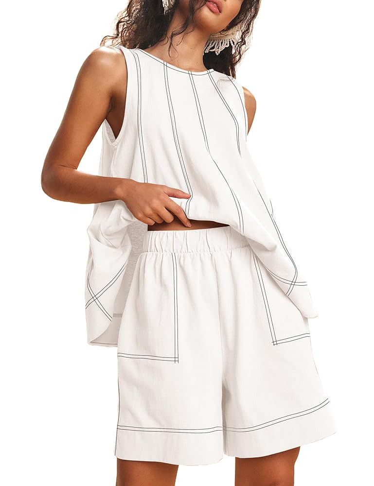 Women Two Piece Summer Outfits Lounge Set Casual Loose Sleeveless Tunic Tops and Shorts with Pock... | Amazon (US)