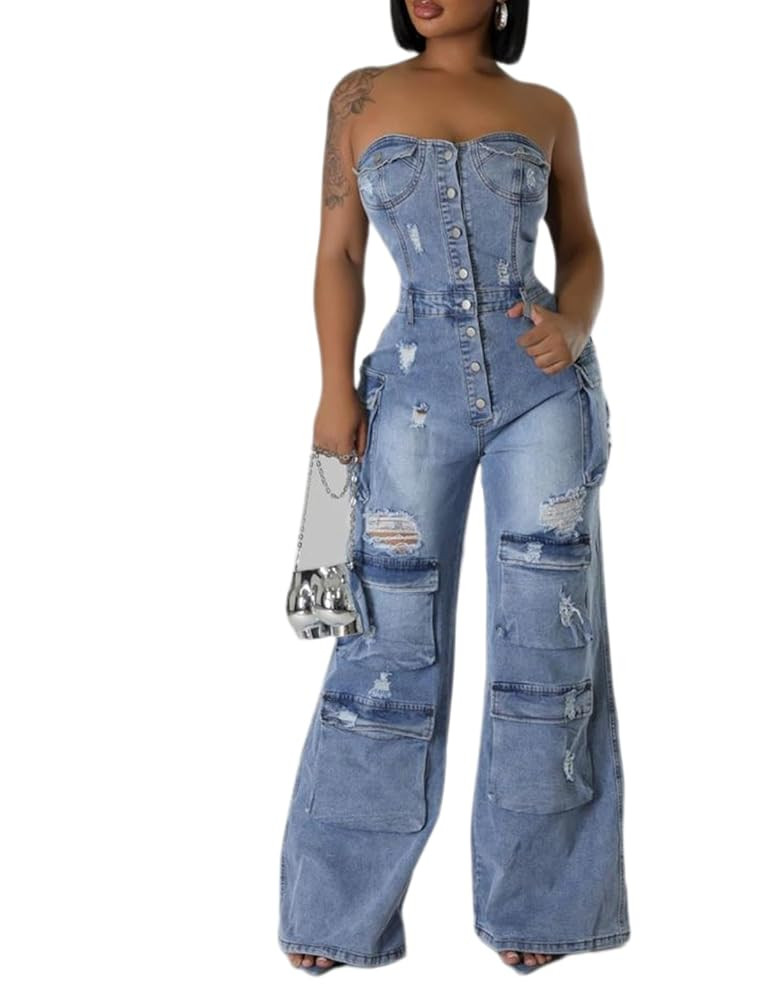 ksotutm Denim Jumpsuit for Women Strapless Multi Pockets Wide Leg Loose Baggy Jean Romper Cargo O... | Amazon (US)