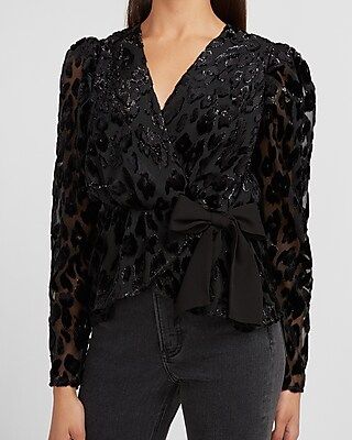 Metallic Leopard Wrap Front Bow Top | Express