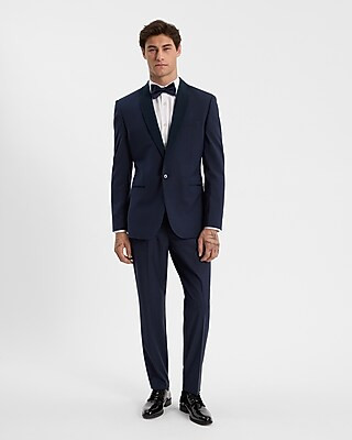 Slim Navy Performance Stretch Wool-Blend Tuxedo Pant | Express