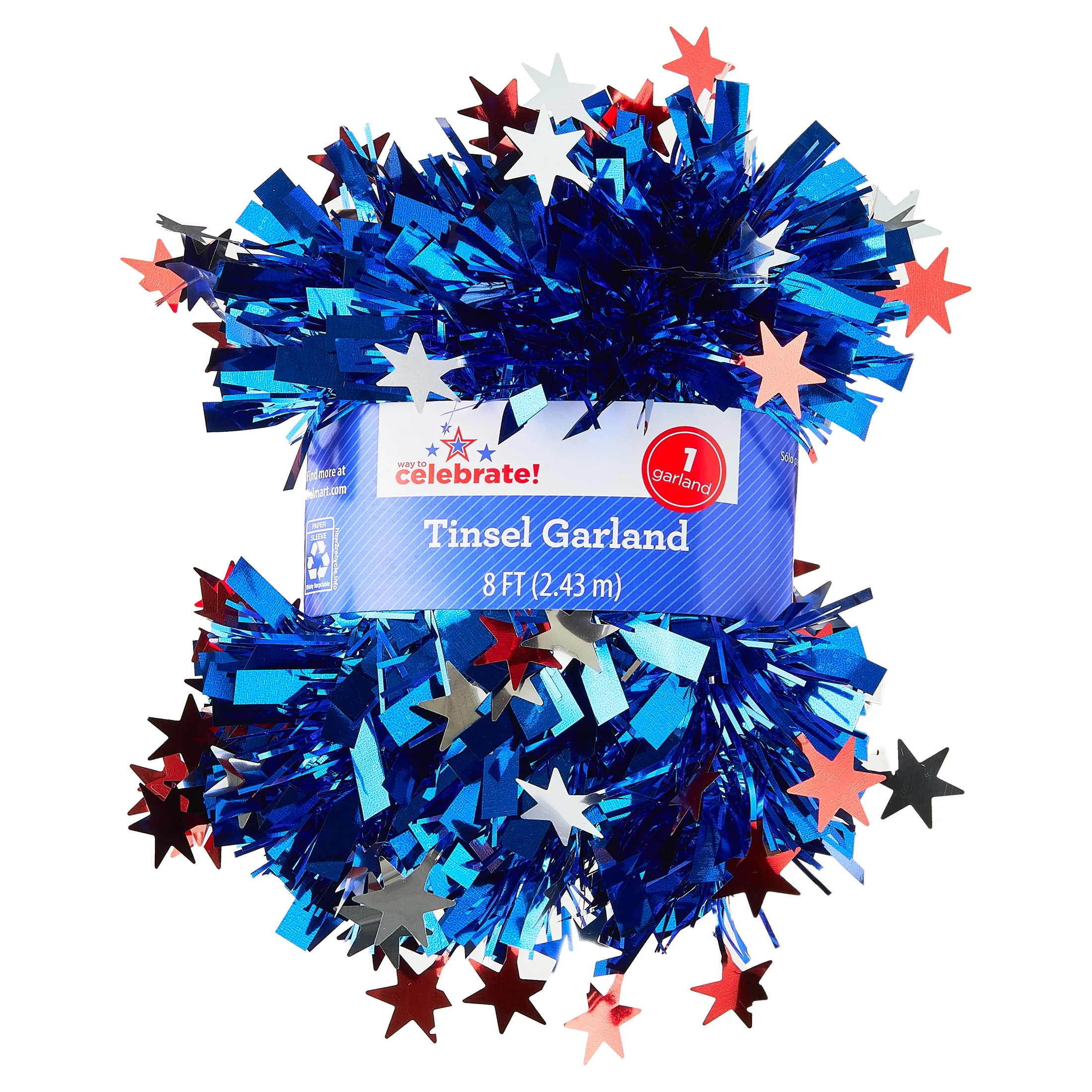 Star Tinsel Garland, Red/Silver/Blue, 8', Patriotic by Way To Celebrate | Walmart (US)