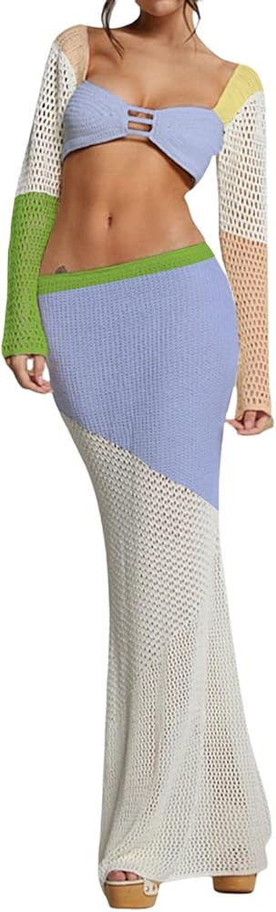 Tsnbre Knit Sets Two Piece Skirt Outfits for Women Hollow Out Long Sleeve Crop Top Bodycon Maxi D... | Amazon (US)