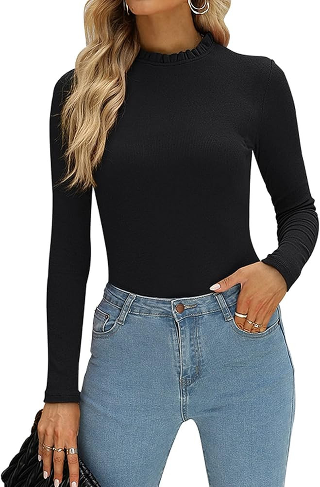 PINKMSTYLE Womens Long Sleeve Ruffle Mock Neck Bodysuit Jumpsuit Ribbed Slim Fit Tops Business Ca... | Amazon (US)
