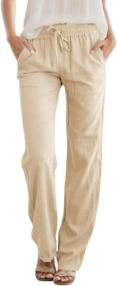 SEMARO Womens Casual Linen High Waist Pants Drawstring Loose Fit Summer Pants Trousers with Side ... | Amazon (US)