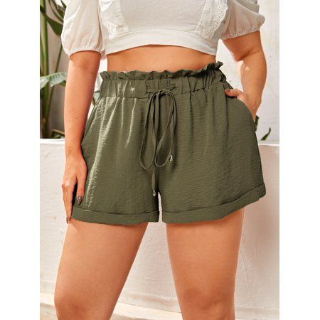 2022 Summer Casual Army Green Women s Plus Size Paper Bag Waist Drawstring Slant Pockets Shorts L220 | Walmart (US)