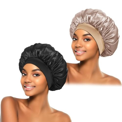 2Pcs Silk Bonnet for Sleeping, Satin Hair Bonnets, Soft Elastic Band Silk Sleep Cap, Hair Wrap for Women (Black Gold) | Amazon (US)