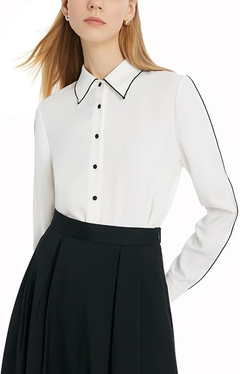 White Shirts Button Down Long Sleeve Shirts for Women, Contrast Trim Blouses for Women Dressy Cas... | Amazon (US)