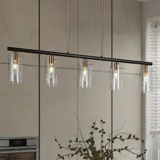 Zevni 5-Light Plated Brass and Matte Black Island Hanging Chandelier Modern Linear Pendant Light ... | The Home Depot