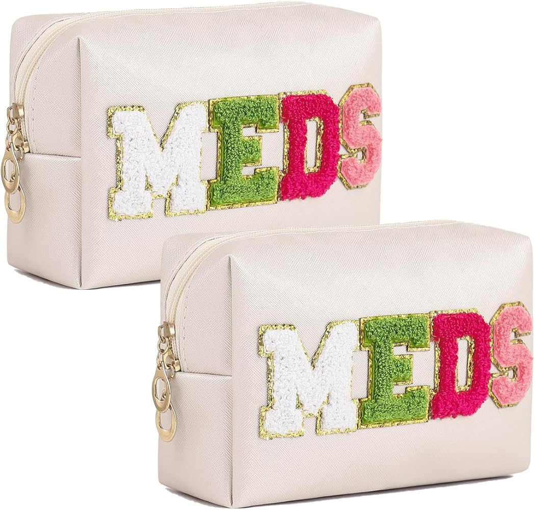 2 Pcs Preppy Medicine Makeup Bags,Chenille Letter Patch PU Leather Waterproof Cosmetic Bag，Trav... | Amazon (US)