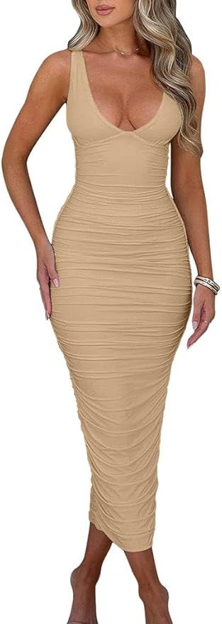BEAGIMEG Women's Sexy Ruched Sleeveless Deep V Elegant Cocktail Evening Party Maxi Dress | Amazon (US)