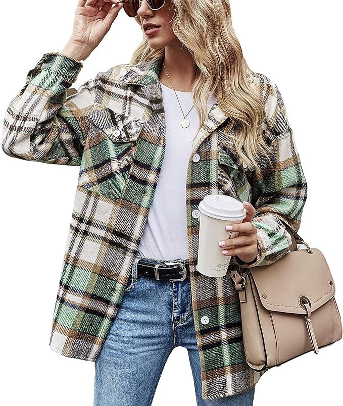 Gihuo Women's Casual Loose Button Down Wool Blend Plaid Shirt Jacket Shacket | Amazon (US)