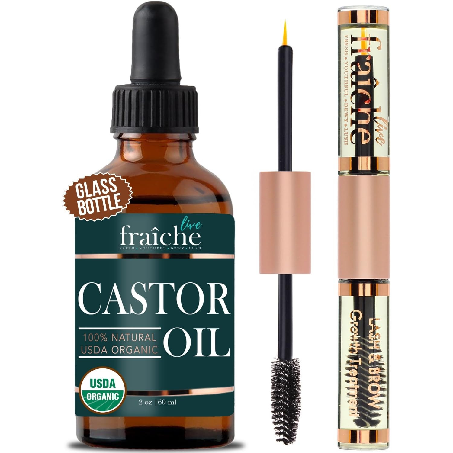 Live Fraiche Organic Castor Oil for Face (2oz) + FREE Filled Mascara Tube, 100% Pure USDA Eyebrow Eyelash Growth Serum, Cold Pressed, Hexane Free Hair Lash Serum | Amazon (US)
