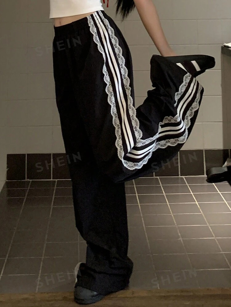 DAZY Women's Lace Patchwork Pocket Casual Sweatpants, Daily Wear | SHEIN