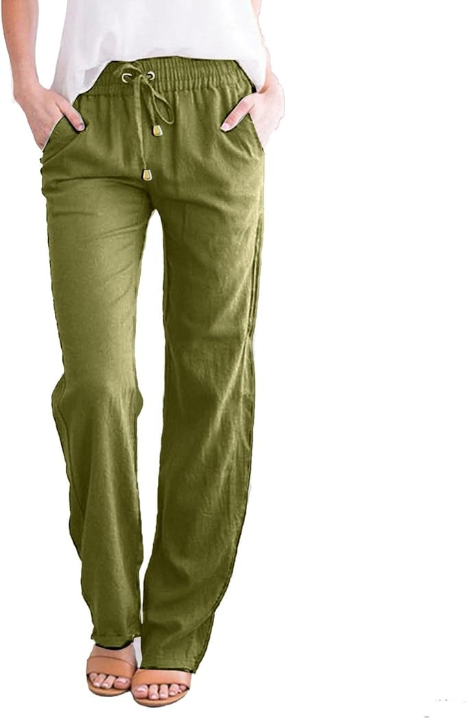 Womens Casual Cotton Linen Pants Lightweight Summer Relax Fit Elastic Waist Straight Leg Solid Lo... | Amazon (US)