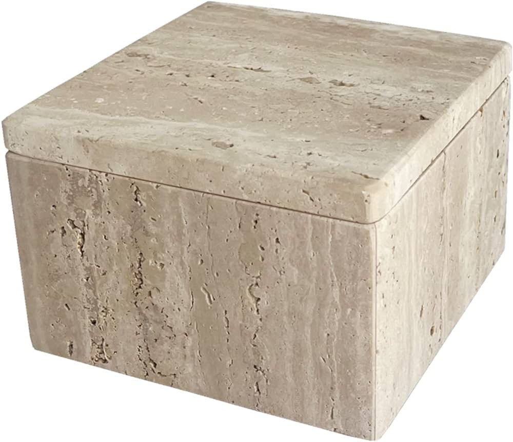 StonePlus Natural Marble Ring Jewelry Box Cotton Swab Storage Box with Lid Storage Box (Travertin... | Amazon (US)