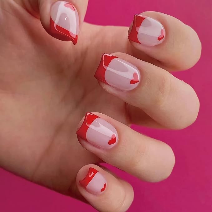 Valentine's Day French Tip Press on Nails Short Fake Nails with glossy Square Red Heart Design Fa... | Amazon (US)