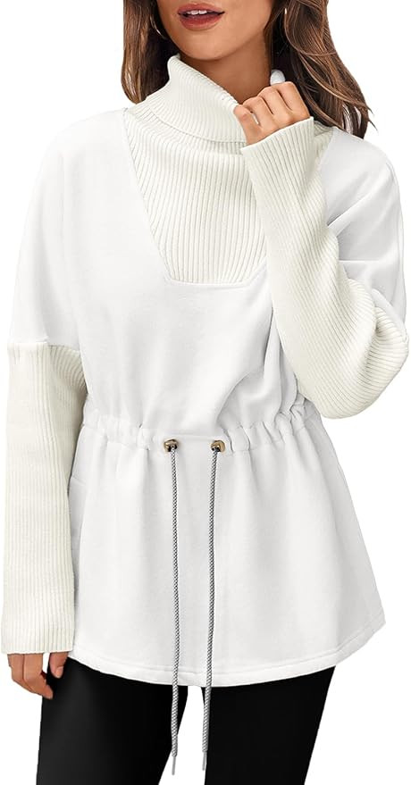 Fisoew Women's Turtleneck Sweatshirts Fleece Drawstring Waist Casual Long Sleeve Pullover Sweater... | Amazon (US)
