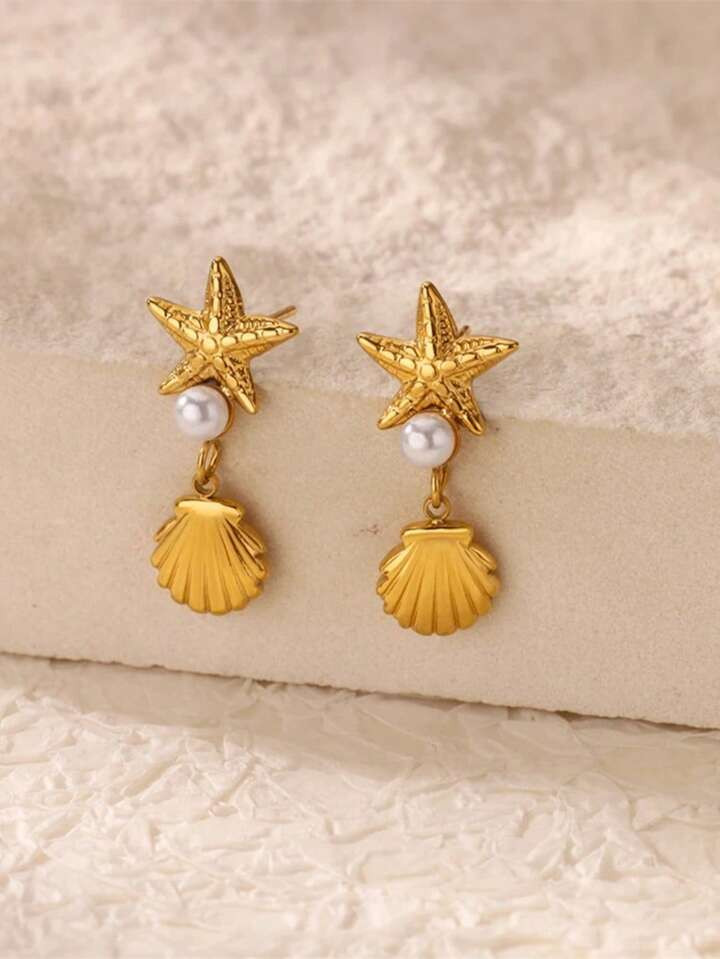 Exquisite Shell Starfish Stud Earrings For Women Faux Pearl Gold Plated Drop Earrings Stainless Steel Jewelry Party Beach Studs Jewelry Shell Tiny Studs ﻿ | SHEIN