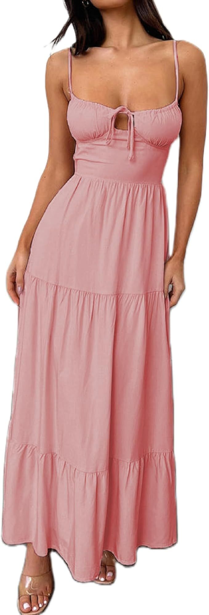 Women Y2k Bodycon Long Dress Spaghetti Strap Low Cut Dress Casual Backless Flowy Maxi Dress Sexy ... | Amazon (US)
