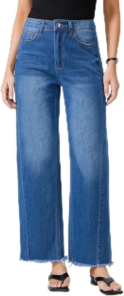 MARIASHA Women's High Waisted Wide Leg Jeans Raw Hem Zimbaplatinum Denim Relaxed Fit | Amazon (US)